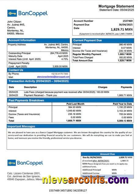 Editable Mexico Banco Coppel Mortgage Statement Word And PDF Template