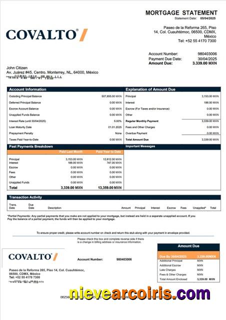 Realistic Mexico Banco Covalto Mortgage Statement Word And PDF Template