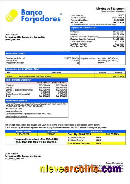 Editable Mexico Banco Forjadores Mortgage Statement Word And PDF Template