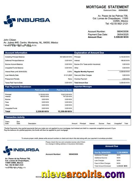 Premium Mexico Banco Inbursa Mortgage Statement Word And PDF Template