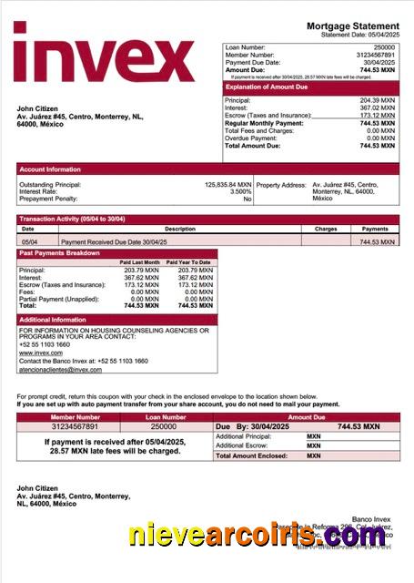 Editable Mexico Banco Invex Mortgage Statement Word And PDF Template