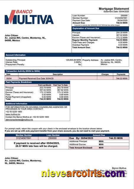 Professional Mexico Banco Multiva Mortgage Statement Word And PDF Template
