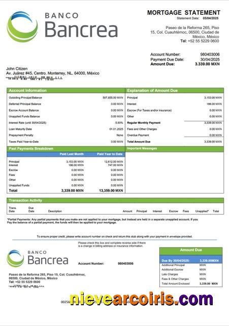 Professional Mexico Bancrea Mortgage Statement Word And PDF Template