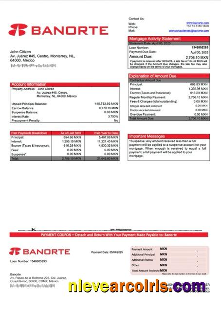 Realistic Mexico Banorte Mortgage Statement Word And PDF Template