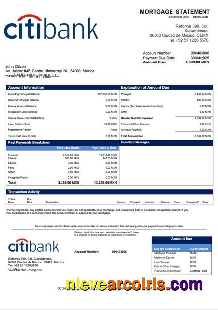 Editable Mexico Citibank Mexico Mortgage Statement Word And PDF Template