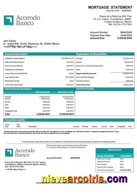 Realistic Mexico Accendo Banco Mortgage Statement Word And PDF Template