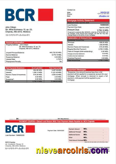 Premium Moldova BCR Chișinău Mortgage Statement Word And PDF Template