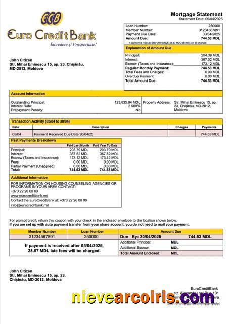 Editable Moldova EuroCreditBank Mortgage Statement Word And PDF Template