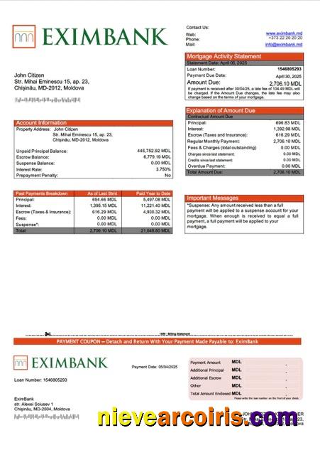 Realistic Moldova EximBank Mortgage Statement Word And PDF Template