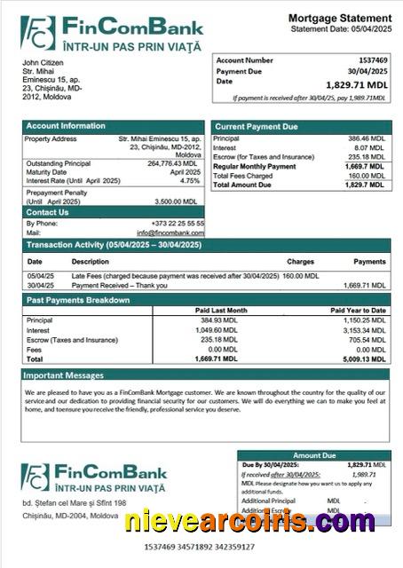 Realistic Moldova FinComBank Mortgage Statement Word And PDF Template