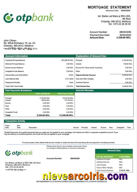 Realistic Moldova OTP Bank Mortgage Statement Word And PDF Template