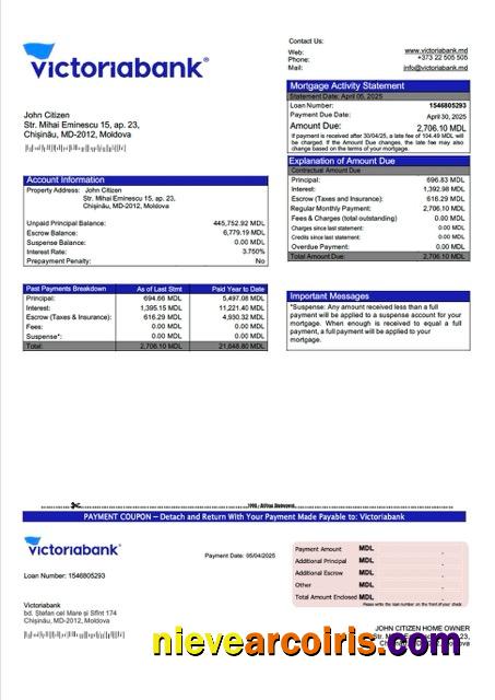 Realistic Moldova Victoriabank Mortgage Statement Word And PDF Template