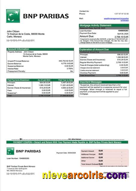 Premium Monaco BNP Paribas Private Bank Monaco Mortgage Statement Word And PDF Template
