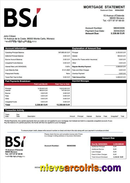 Editable Monaco BSI Monaco Mortgage Statement Word And PDF Template