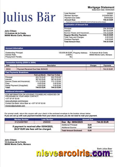 Premium Monaco Bank Julius Baer Mortgage Statement Word And PDF Template