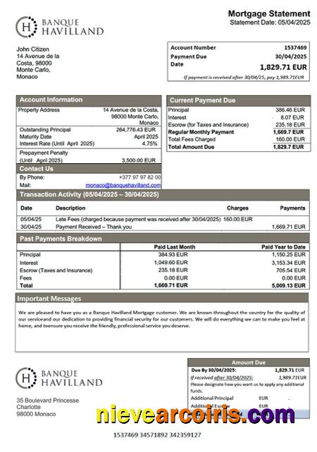 Premium Monaco Banque Havilland Mortgage Statement Word And PDF Template