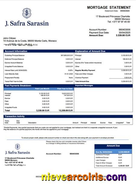 Realistic Monaco Banque J. Safra (Monaco) Mortgage Statement Word And PDF Template
