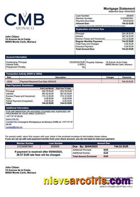 Editable Monaco Compagnie Monégasque De Banque (CMB) Mortgage Statement Word And PDF Template