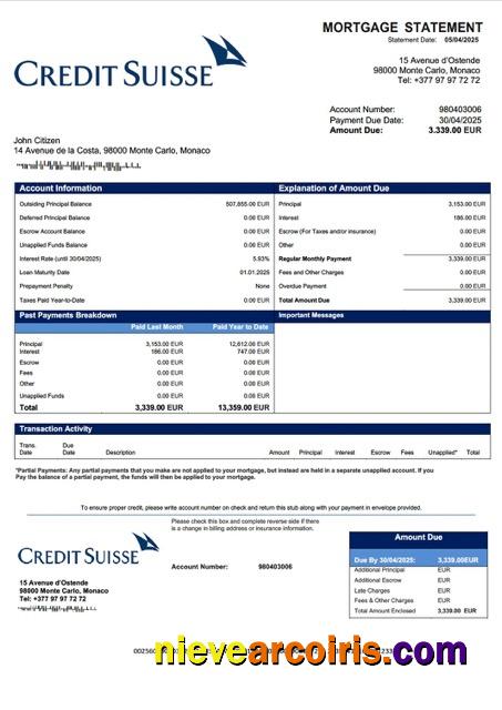 Premium Monaco Credit Suisse (Monaco) Mortgage Statement Word And PDF Template