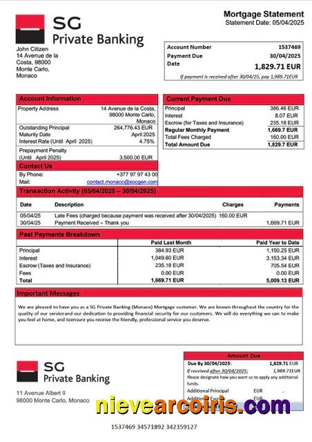 Professional Monaco SG Private Banking (Monaco) Mortgage Statement Word And PDF Template