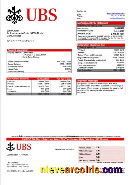 Editable Monaco UBS (Monaco) Mortgage Statement Word And PDF Template
