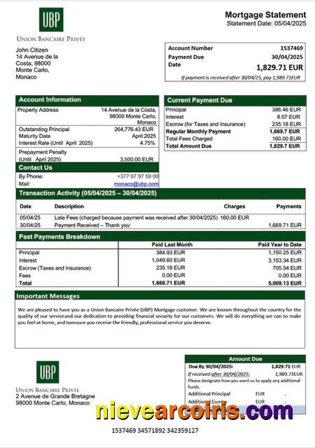 Realistic Monaco Union Bancaire Privée (UBP) Mortgage Statement Word And PDF Template