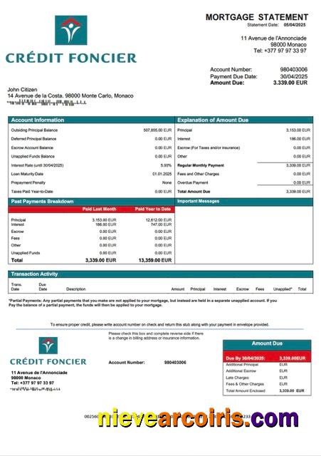 Premium Monaco Credit Foncier De Monaco Mortgage Statement Word And PDF Template