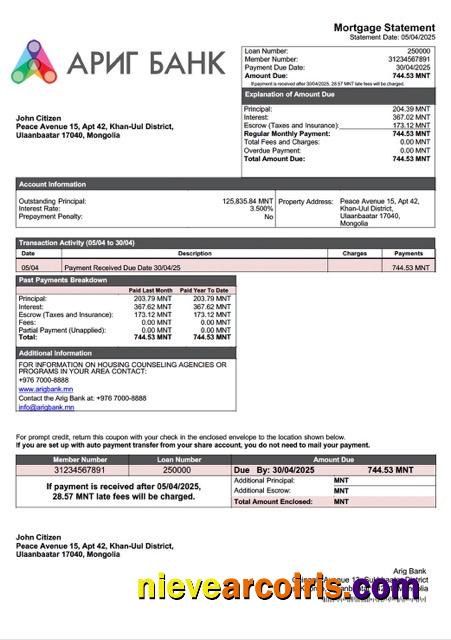 Editable Mongolia Arig Bank Mortgage Statement Word And PDF Template