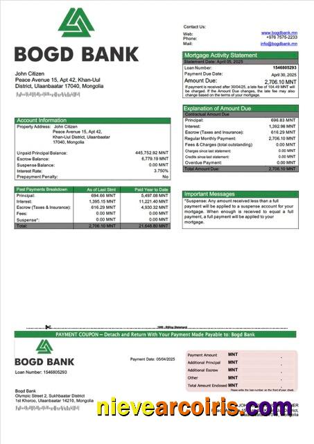 Premium Mongolia Bogd Bank Mortgage Statement Word And PDF Template