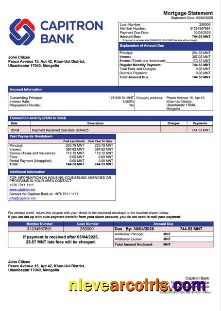 Editable Mongolia Capitron Bank Mortgage Statement Word And PDF Template