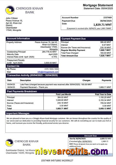 Realistic Mongolia Chinggis Khaan Bank Mortgage Statement Word And PDF Template