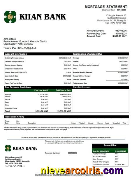 Realistic Mongolia Khan Bank Mortgage Statement Word And PDF Template