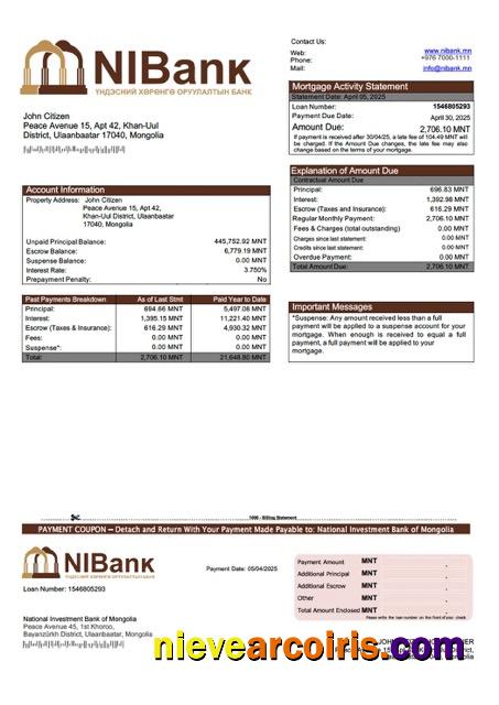 Realistic Mongolia National Investment Bank Of Mongolia Mortgage Statement Word And PDF Template