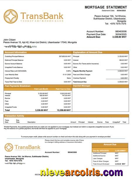 Editable Mongolia Trans Bank Mortgage Statement Word And PDF Template