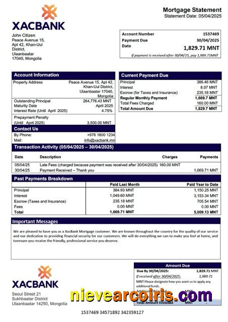 Premium Mongolia XacBank Mortgage Statement Word And PDF Template