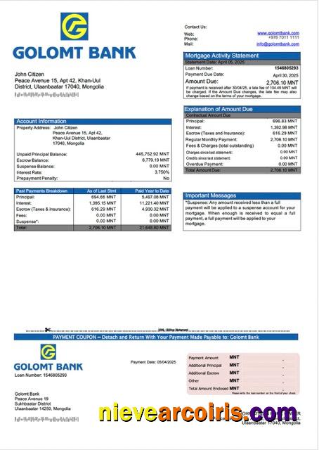 Editable Mongolia Golomt Bank Mortgage Statement Word And PDF Template