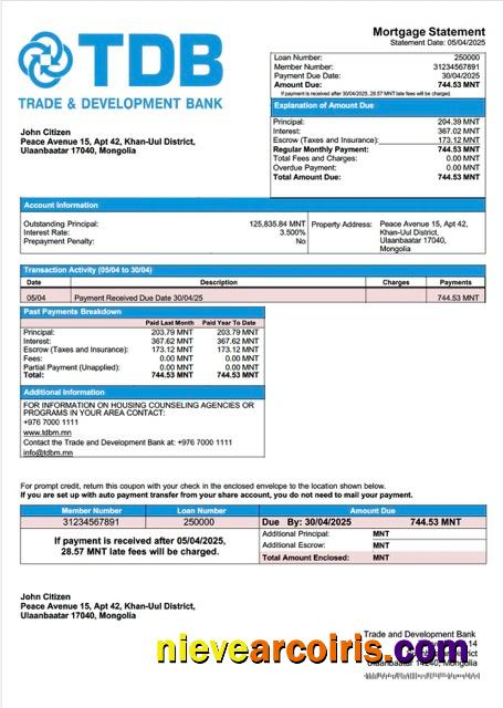 Editable Mongolia Trade And Development Bank Mortgage Statement Word And PDF Template