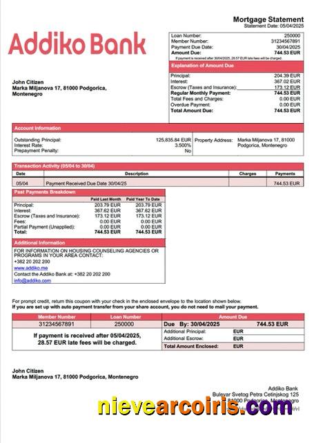 Realistic Montenegro Addiko Bank Mortgage Statement Word And PDF Template