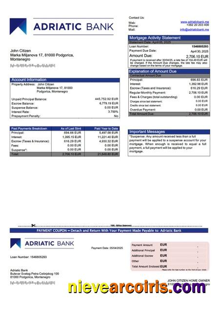 Professional Montenegro Adriatic Bank Mortgage Statement Word And PDF Template