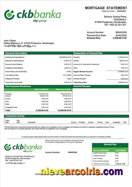 Editable Montenegro Crnogorska Komercijalna Banka Mortgage Statement Word And PDF Template