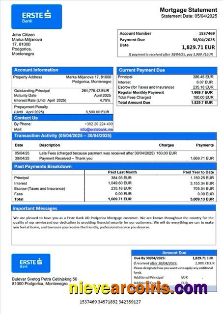 Realistic Montenegro Erste Bank AD Podgorica Mortgage Statement Word And PDF Template