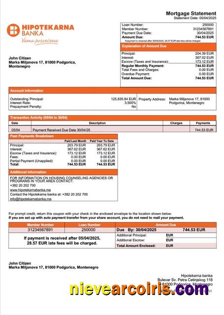 Realistic Montenegro Hipotekarna Banka Mortgage Statement Word And PDF Template