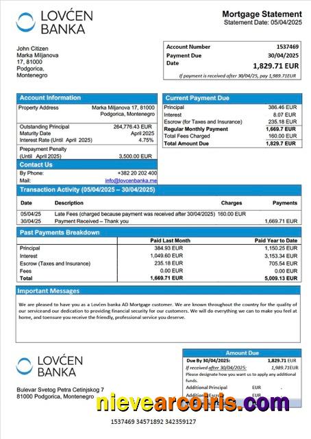 Realistic Montenegro Lovćen Banka AD Mortgage Statement Word And PDF Template