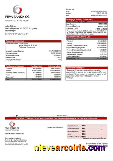 Premium Montenegro Prva Banka Crne Gore Mortgage Statement Word And PDF Template