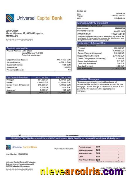 Editable Montenegro Universal Capital Bank AD Podgorica Mortgage Statement Word And PDF Template