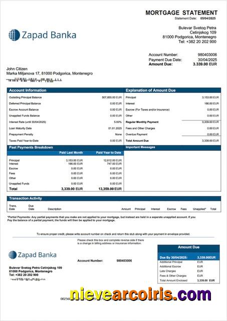 Realistic Montenegro Zapad Banka AD Mortgage Statement Word And PDF Template