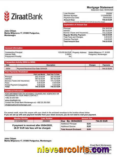 Editable Montenegro Ziraat Bank Montenegro Mortgage Statement Word And PDF Template