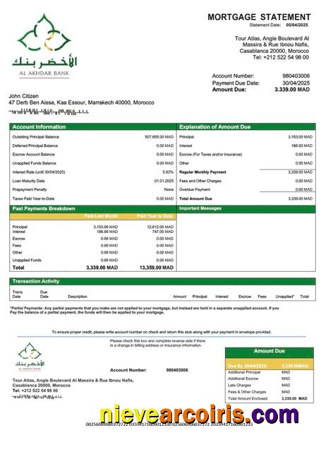 Editable Morocco Al Akhdar Bank (AAB) Mortgage Statement Word And PDF Template