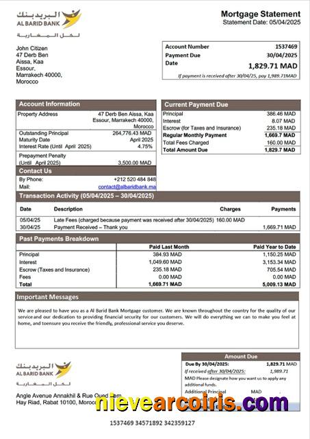 Realistic Morocco Al Barid Bank Mortgage Statement Word And PDF Template