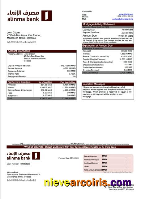 Premium Morocco Al Inma Bank Mortgage Statement Word And PDF Template